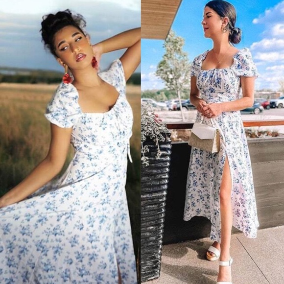 Floral Print White Flared Dress Puff Short Sleeve Leg Slit - Picture 10 of 16